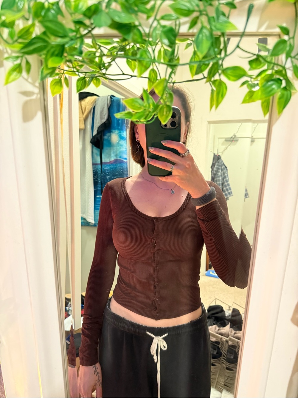 Hollister Brown Ribbed Scoop-Neck snap button long sleeve